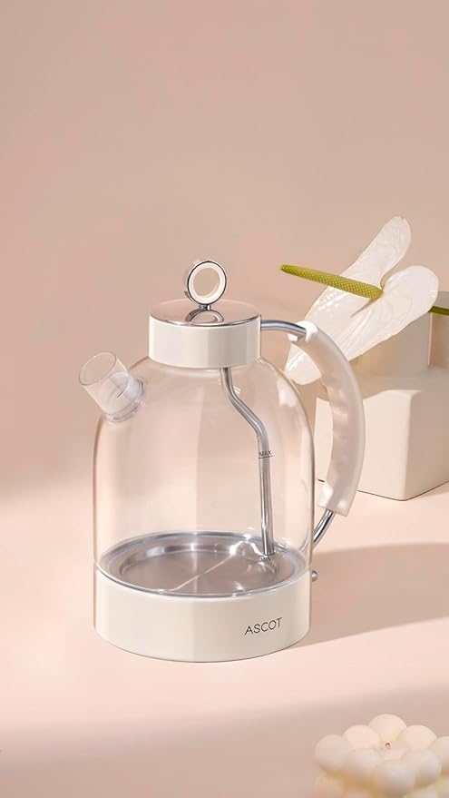 ASCOT Electric Kettle, Glass Electric Tea Kettle Boiler Gifts for Men/Women/Family 1.5L 1500W Borosilicate Glass Tea Heater, with Auto Shut-Off and Boil-Dry Protection (Cream)