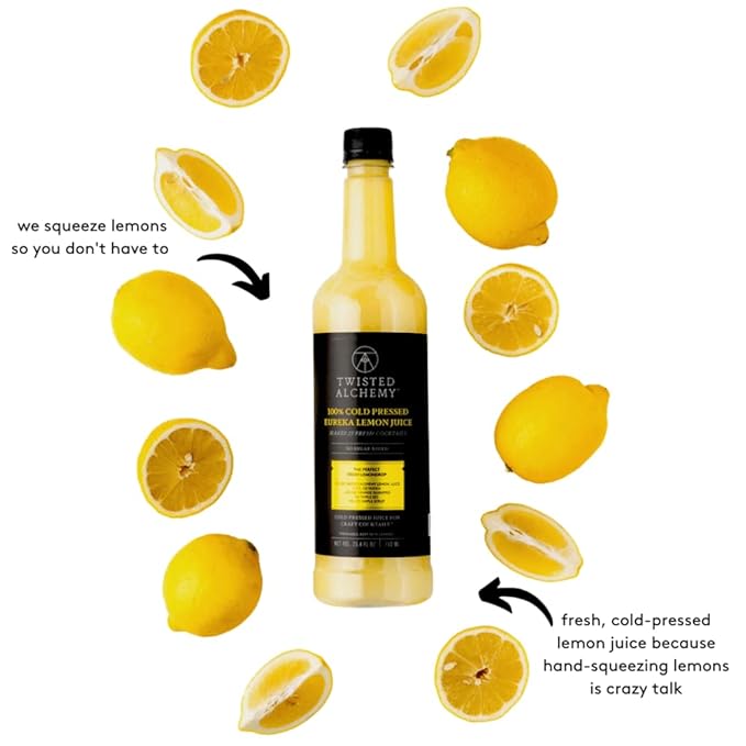 Twisted Alchemy Cold Pressed Fresh Lemon Juice For Craft Cocktails - Fresh, All Natural, Hand Squeezed Lemon Juice Cocktail Mixer - (25 Oz Bottle, Pack Of 1) - No Sugar Added, Preservative Free, Ships Cold, Non-GMO, 100% Pure - Unpasteurized Ships Cold