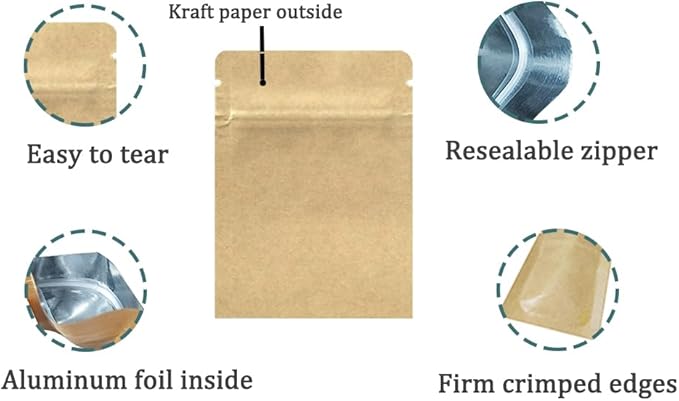 PABCK 5.5mil Thickness Inner Mylar Foil Kraft Paper Resealable Bags Heat Seal Airtight Pouch for Food Self Selling Storage Supplies (50, 5.1x7.3 inch)