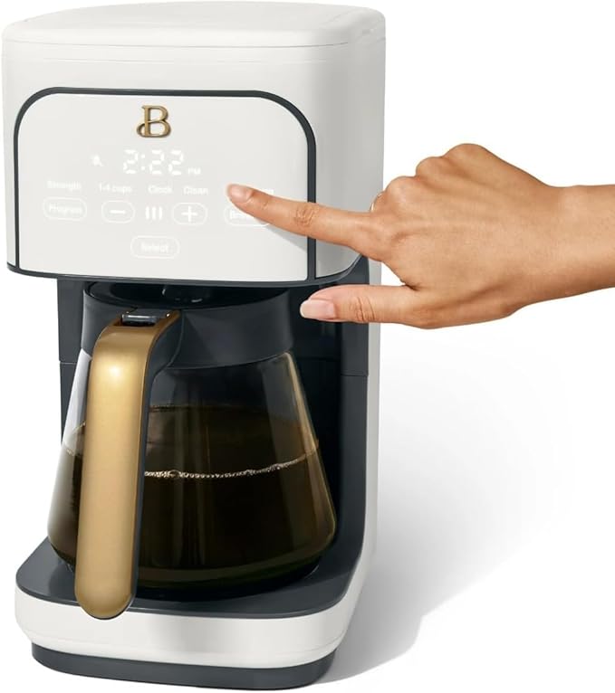Beautiful 12 Cup Programmable Coffee Maker, Drip Coffee Machine with Glass Carafe, Automatic Brew Strength Control, Espresso Maker Function, Compact Espresso Machine (White Icing)