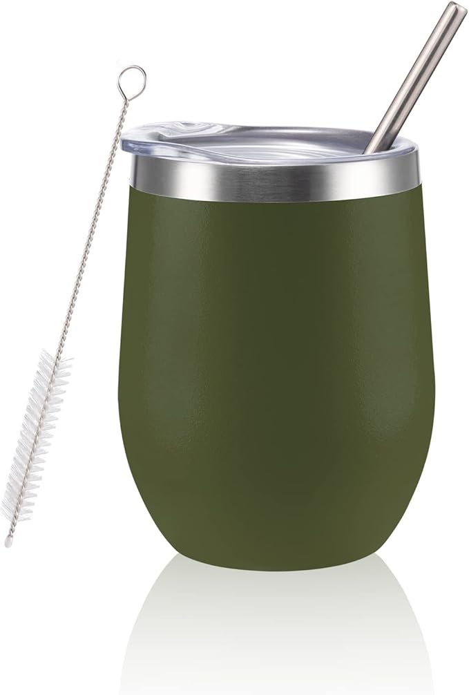 12 oz Insulated Wine Tumbler with Lid and Straw,Stainless Steel Stemless Wine Tumbler Glasses Double Wall Vacuum Wine Cups Tumbler for Coffee,Cocktail,Office（Navy Green,1）