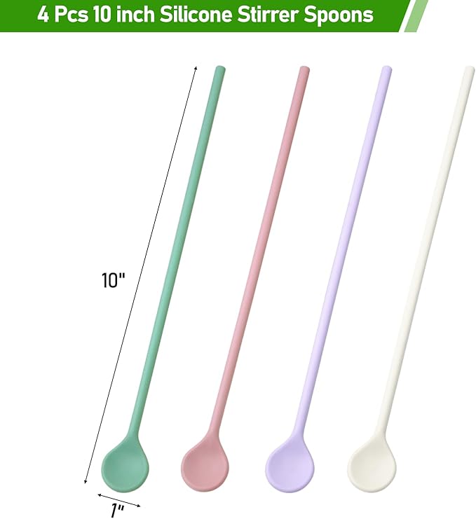 4 Pcs 10 inch Silicone Stirrer Spoons -Swizzle Stirrer Stick Multipurpose Multicolor Reusable Stirring Sticks for Cof Whiskey Beverage Formula Mixing Milk- Pastel Yellow, Purple, Pink, Green