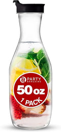 Party Bargains 50 oz. Plastic Carafe with Lids - Clear, 1 Count, Black Flip Tab Lid Premium Quality & Heavy Duty Plastic Pitcher for Iced Tea, Powdered Juice, Cold Brew, Mimosa Bar