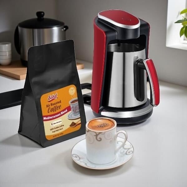 Sadaf One-Touch Mediterranean Coffee Maker – Electric Turkish, Greek, and Armenian Coffee Machine - Stainless Steel Coffee Maker - Foam Control & Overflow Sensor - 250ml, Red
