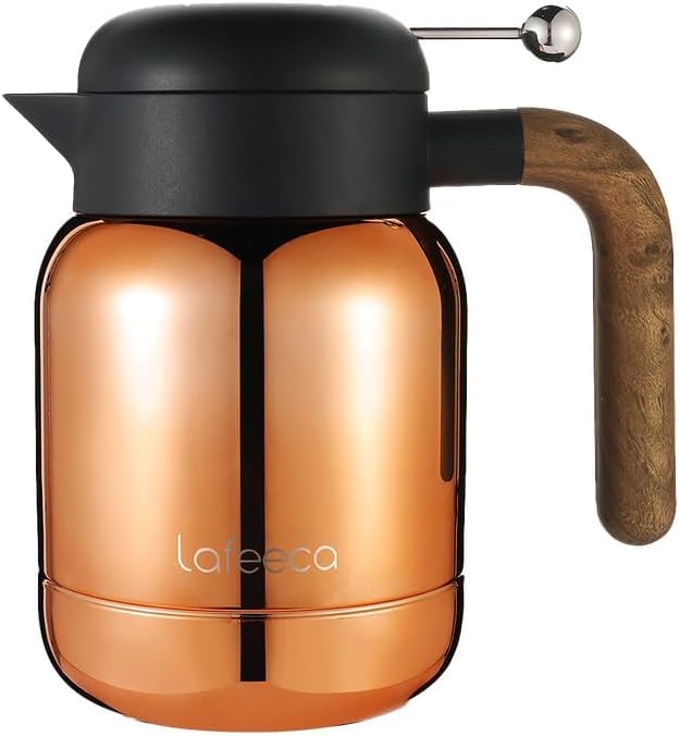 Aura Thermal Coffee Carafe Tea Pot for Keeping Hot & Iced Cold - Vacuum Insulated - Thermos Water Pitcher - Beverage Dispenser - Cool Touch Handle & Lid - BPA Free - 1 Liter - Copper