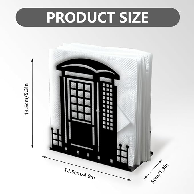 Telephone Booth Decorative Black Metal Napkin Holder for Table, 4.9" x 5.3" x 1.9" Phone Booth Standing Napkin Holder for Home Kitchen Restaurant Picnic Party Coffee Bar Dining Room