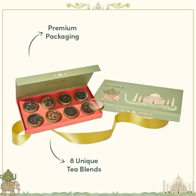 VAHDAM, Weekend in Taj Mahal Christmas Tea Gift Set - 8 Loose Teas | Tin Caddy Travel Edition Gift Box | Christmas 2025 Gift Ideas for Women & Men | Gluten Free, Non GMO