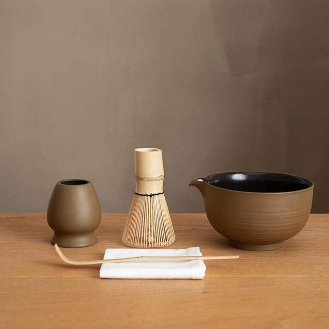 6-pcs Japanese Matcha Whisk Set, Handmade Ceramic Matcha Set with Bowl(Chawan),Bamboo Whisk(Chasen) and Holder, Scoop, Sifter & Tea Towel,Matcha Kit for Ceremony(Matte Oak Brown)