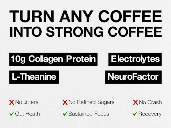 STRONG Coffee Co. Coffee Booster | 10g Collagen Coffee Protein with Nootropics & Adaptogens, NeuroFactor®, Ashwagandha, L-Theanine & Electrolytes for Focus & Balanced Energy | 15 Packets