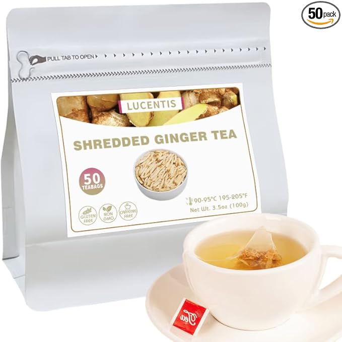 Shredded Ginger Herbal Tea – 姜根茶 – 3.5oz/100g, 50 Pyramid Tea Bags, Non-GMO, Caffeine-Free, Warming & Spicy, Supports Digestion & Circulation