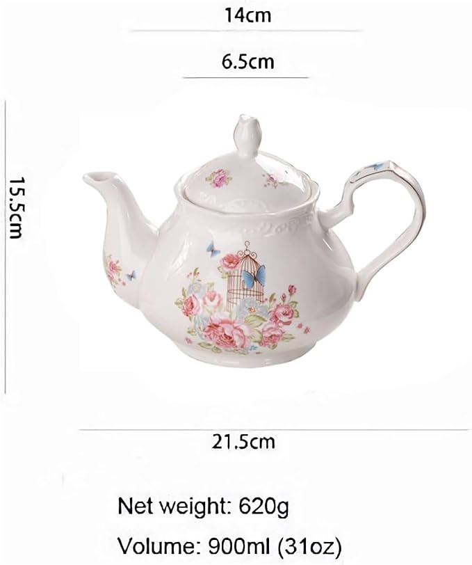YBK Tech Strengthen Porcelain Coffee Pot Ceramic Teapot- Pink Rose (Teapot+ 2 sets of cup and saucer)