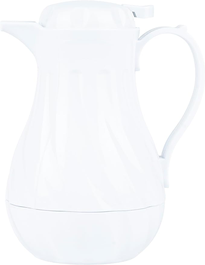 Restaurantware-Restpresso 20 Ounce Coffee Carafe, 1 Insulated Coffee Server - Push-Button Top, Swirl Design, White Plastic Pitcher, Built-In Handle, With Identification Tags