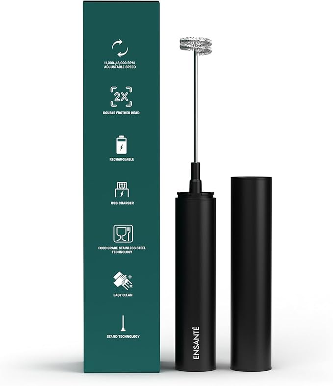 ENSANTE Ultra Fast Electric Milk Frother Wand Handheld 11,000RPM, Mini Whisk Mini Blender Rechargeable Frother for Protein Powder Lattes Matcha, Travel Frother with Case, Coffee Stirrers Electric