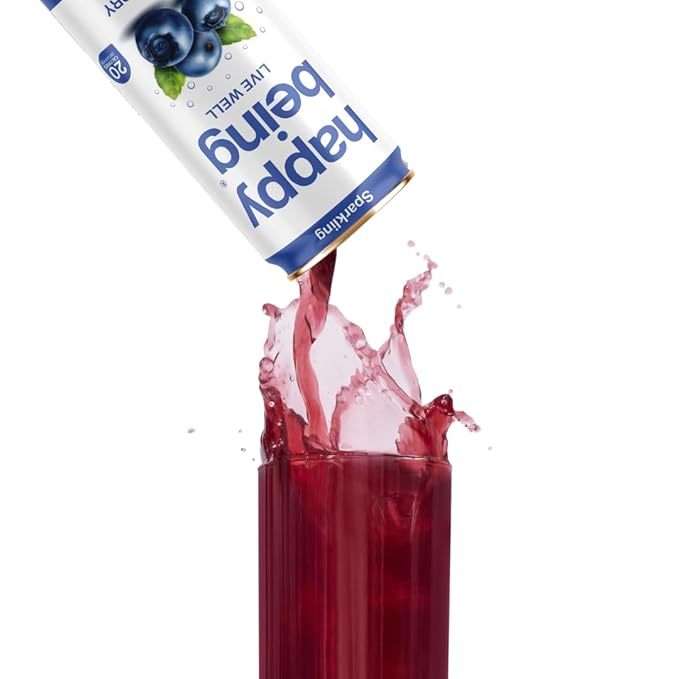 Happy Being Sparkling Nutrient-Rich Blueberry White Tea – Infused with Turmeric, Elderberry, Vitamin D3, Caffeine Free, Plant-Based, Low Calorie & Low Sugar Drinks, 12oz (4 Pack)