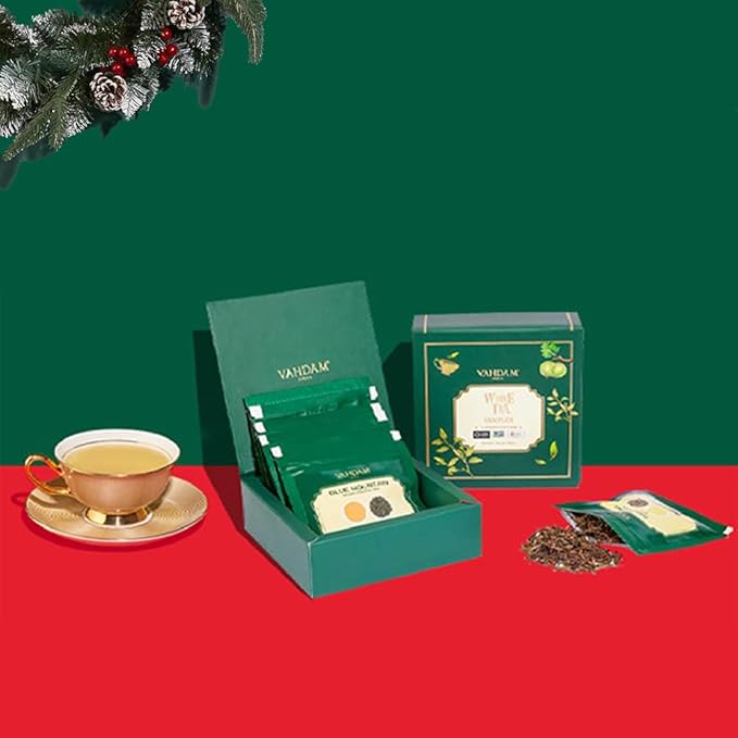 VAHDAM, Assorted White Tea Sampler Gift Set, Gluten Free, Non GMO - 4 Unblended White Loose Leaf Tea Sampler | Tea Variety Pack | Christmas Tea Gift Set