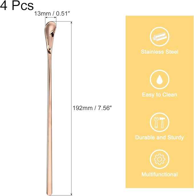 uxcell 4Pcs Stainless Steel Mixing Spoon 7.6 Inch Cocktail Stirrer Bar Spoon Drink Stirring Spoon with Long Handle for Bar Cocktail Ice Tea, Rose Gold