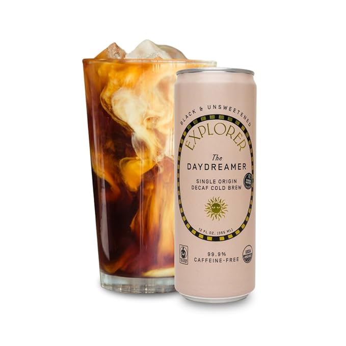 Explorer Daydreamer Ready-to-Drink Organic Cold Brew Decaf Coffee, 99.9% Caffeine-Free, Black, Unsweetened, and Fair Trade, 12 fl oz (Pack of 12)