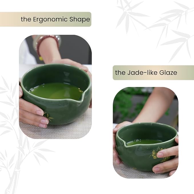 Matcha Whisk Set, Complete 8 Pcs Matcha Kit for Japanese Tea Ceremony, Ceramic Bowl with Spout, Bamboo Whisk, Spoon, Scoop, Sifter, Christmas Gift for Beginners and Matcha Lovers(Green)