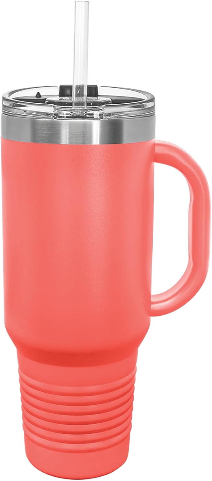 LaserGram 40oz Vacuum Insulated Travel Mug with Handle, Tiki Statue, Personalized Engraving Included (Coral)