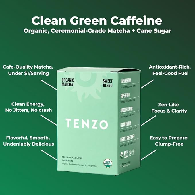 Tenzo Single Serve Matcha Green Tea Powder - Matcha Powder Single Serve Sticks - Organic Matcha Green - Ceremonial Grade Sweet Blend Matcha (10 Count)