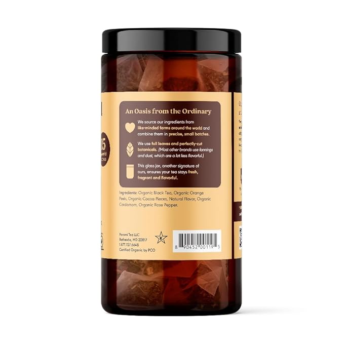 Paromi Chocolate Orange Organic Black Tea, Signature Jar, 15 Count