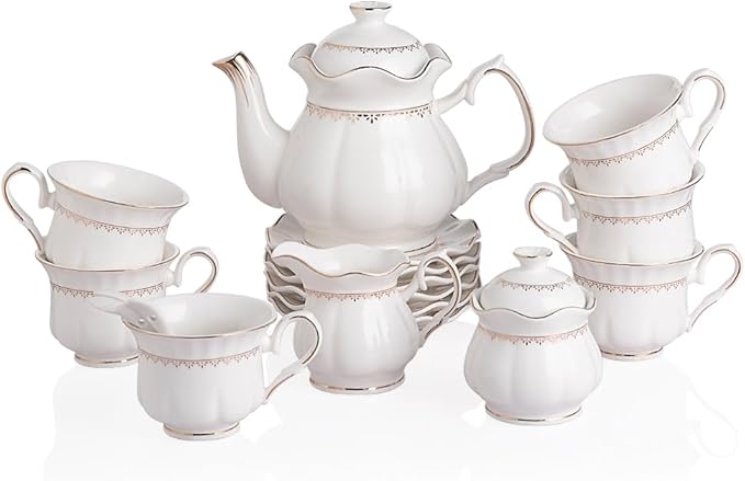 Sweejar 21 Pieces Porcelain Tea Set, Vintage Gold Trimmed Teapot Cup and Saucer Set, Tea Cup for Loose Tea, Sugar Bowl and Creamer Pitcher with Spoons, Service for 6(Elegant White)