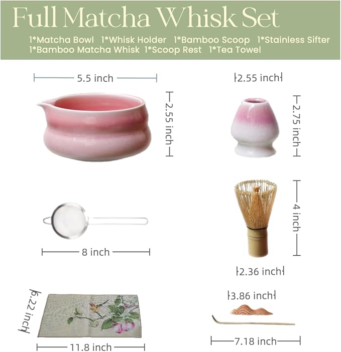 7pcs sunset pink matcha whisk set with cute 'Chubby Belly' design - complete matcha kit set includes bamboo whisk, bowl, stand, scoop, sifter, towel -ideal gift for women and Japanese tea ceremony
