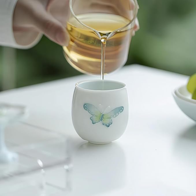KAMMAK Tea Cup, 2.3oz Small Tea Cups Set of 2, White Porcelain Tea Cups, Ceramic Teacups for Home, Party, Office, Chinese Kungfu Tea Set for Hot/Cold Drink (Blue Butterflies)