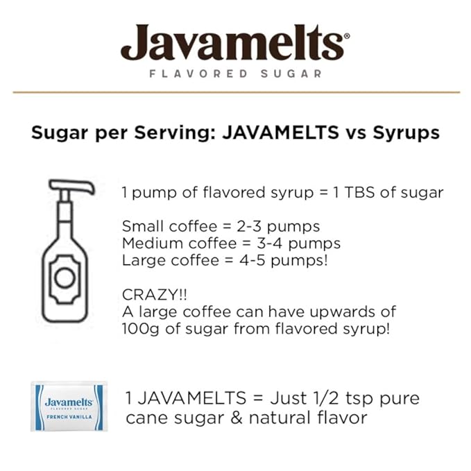 Javamelts French Vanilla Flavored Sugar Packets | Pure Cane Sugar for Baking, Coffee Syrup Substitute, Cocktails, Tea | Non GMO, Non Dairy, Gluten Free, Kosher | 1,000 Bulk Sugar Packets