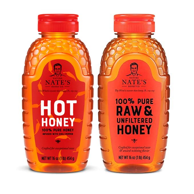Nate’s Honey Bundle, 2 Honey Products, Hot Honey + Raw & Unfiltered Honey, 16oz x 2