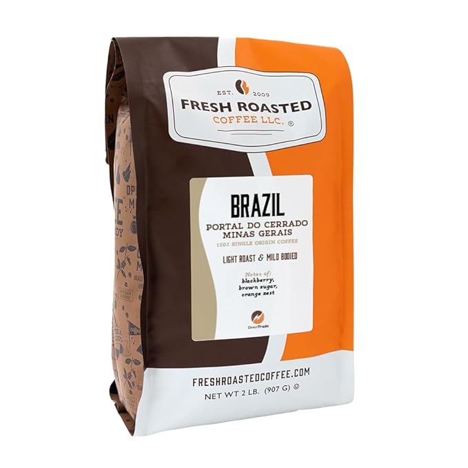Fresh Roasted Coffee, Brazil Minas Gerais, 2 lb (32 oz), Light Roast, Kosher, Ground
