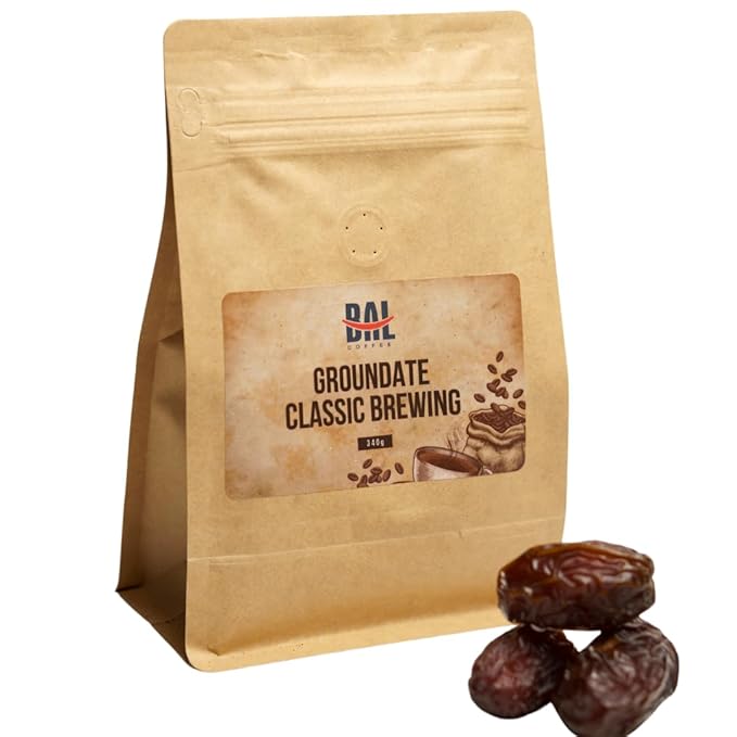 BAL Coffee Alternative Groundate - 12 oz /340 g | Caffeine-Free & Vegan-Friendly | Coffee Substitute Brews & Tastes like Original | Smooth Grind Crafted from Date Seeds | Rich & Smooth flavor