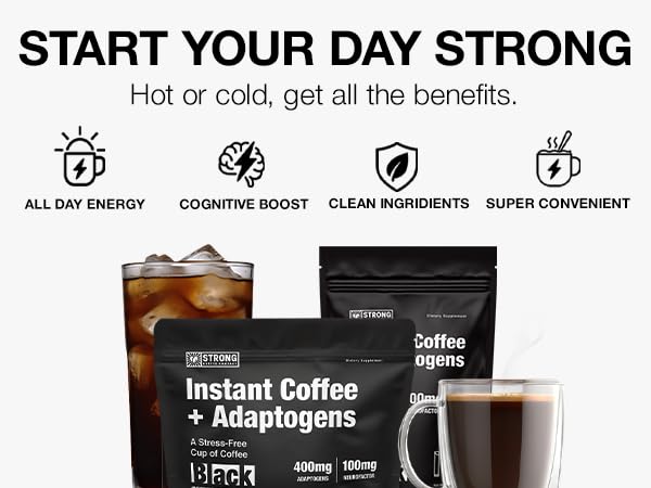 Strong Coffee Co. Instant Black Coffee - Adaptogens Organic Coffee with Ashwagandha, Reishi, MCT Oil, & L-theanine. No Jitters, No Crash (1, 10 Packets)