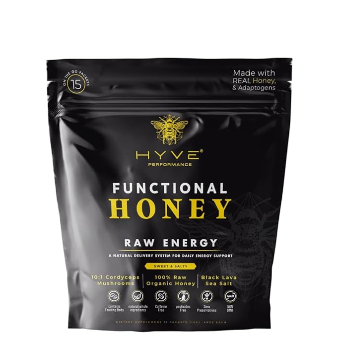 HYVE Functional Pre-workout Honey – Caffeine Free Raw Energy Packets with Organic Cordyceps Mushrooms, Volcanic Sea Salt & Organic Honey – Energy Boost with Natural Adaptogens, Pack of 15 Sachets, Sweet & Salty