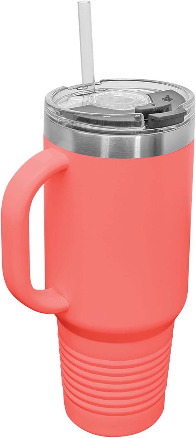 LaserGram 40oz Vacuum Insulated Travel Mug with Handle, Tiki Statue, Personalized Engraving Included (Coral)