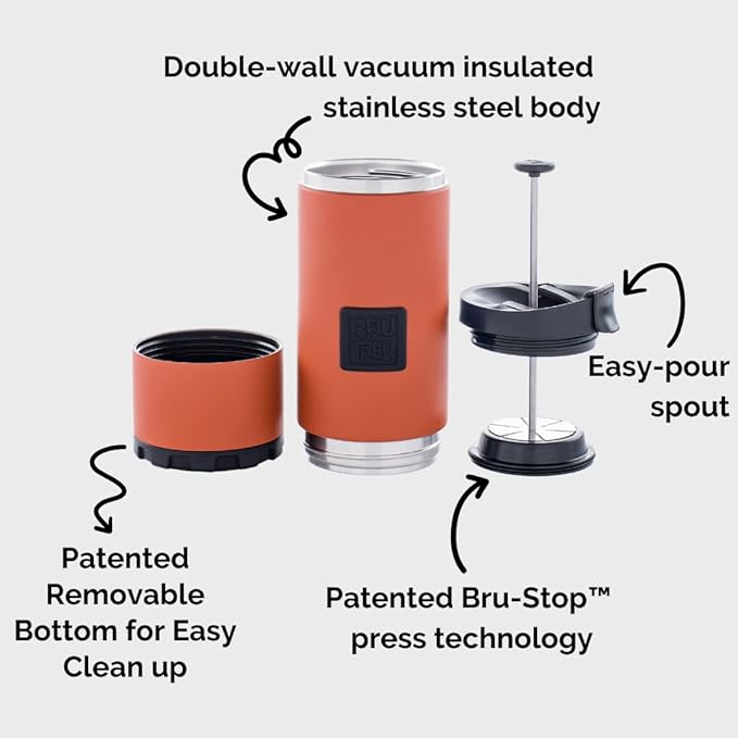 BruTrek OVRLNDR Travel Coffee French Press, 24 fl.oz Capacity, Double Wall Vacuum Insulated, Easy To Clean Removable Bottom, Locking No Spill Lid, On The Go Coffee Brewing (Storm Gray)