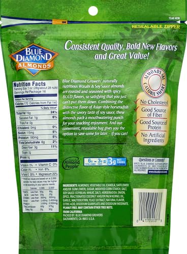 Blue Diamond Almonds Wasabi & Soy Sauce Flavored Snack Nuts, 16 Oz Resealable Bag (Pack of 1)