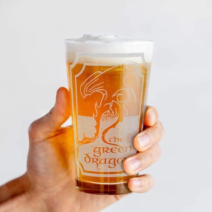 THE GREEN DRAGON Engraved 16oz Pint Glass | Inspired by Tolkien Power Ring and Middle Earth Fellowship Tavern | Prancing Pony | Unique Elvish Fantasy Wizard Fantasy Decor!