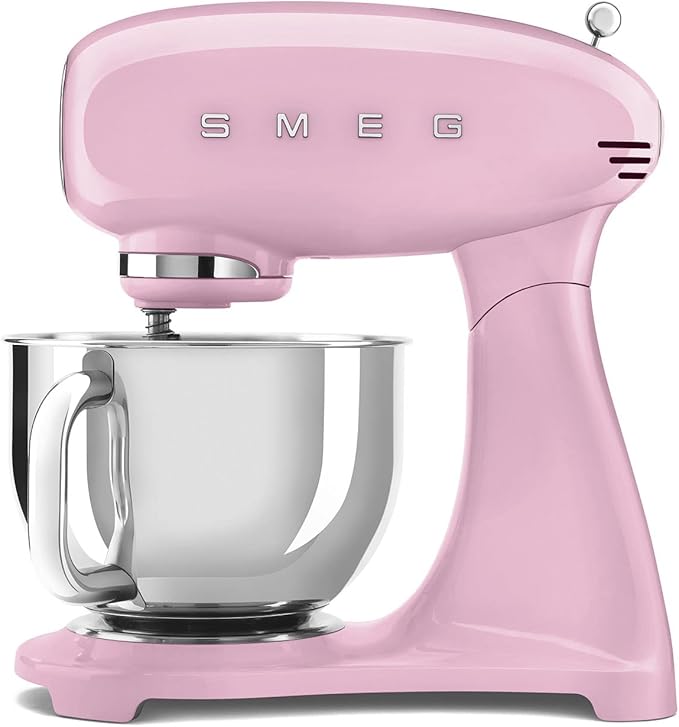 SMEG SMF03 Stand Mixer – 5 Qt Tilt-Head Mixer with Stainless Steel Bowl, 10 Speeds, Retro 50s Vintage Style – Pink