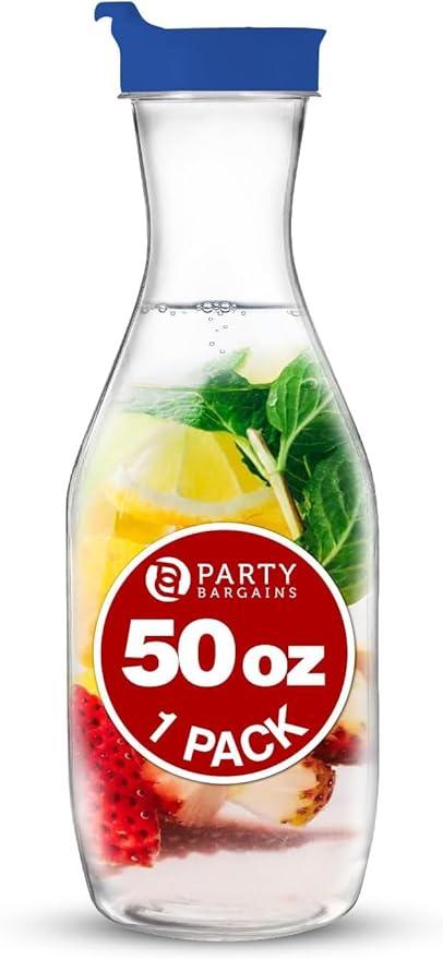 PARTY BARGAINS 50 oz. Plastic Carafe with Lids - Clear, 1 Count, Blue Flip Tab Lid Premium Quality & Heavy Duty Plastic Pitcher for Iced Tea, Powdered Juice, Cold Brew, Mimosa Bar Blue Cap