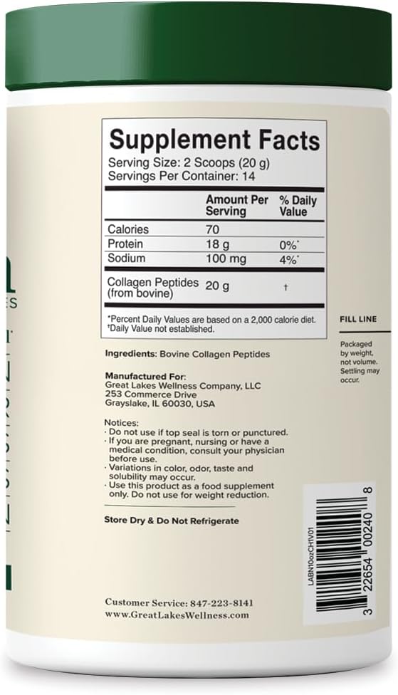Great Lakes Wellness Collagen Peptides Powder for Skin, Hair, Nails, Joints & Digestion - Unflavored - Quick Dissolve Hydrolyzed, Non-GMO, Keto, Kosher - 10 oz