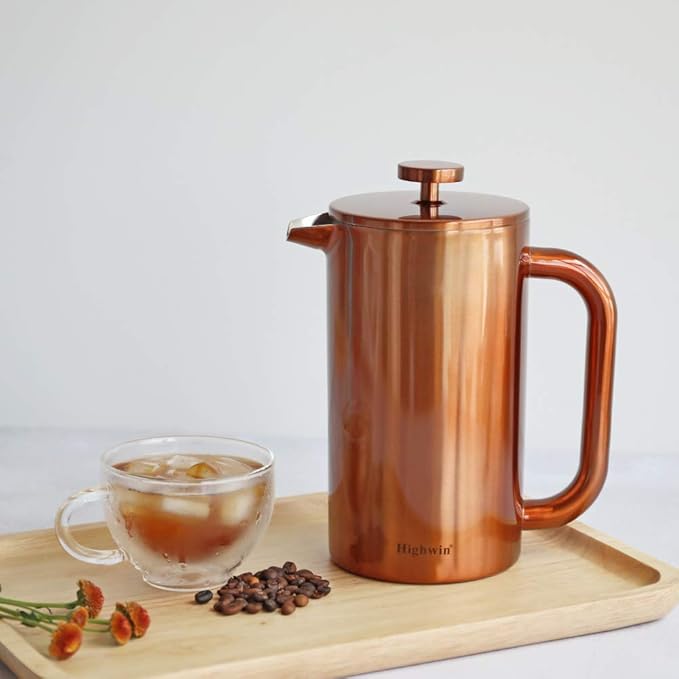 8-Cup Double Wall Insulated Stainless Steel French Coffee Press, 32-Ounce Durable Coffee Tea Maker with Stainless Steel Plunger, Copper