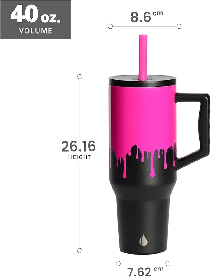 Elemental 40 oz Tumbler with Handle and Straw - Spill Proof Insulated Stainless Steel Commuter for Hot and Cold Beverages - Travel Coffee Mug with 2 Straws & Spill Proof Lid - 40oz - Hot Pink Drip