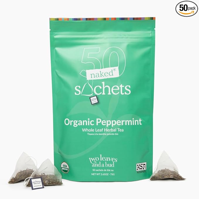 Two Leaves and a Bud Organic Peppermint - 50 Naked Tea Sachets, Naturally Caffeine Free, Whole Leaf Herbal Tea in Eco-Friendly Unwrapped Compostable Sachets, Resealable Bag, 50 Count (Pack of 1)
