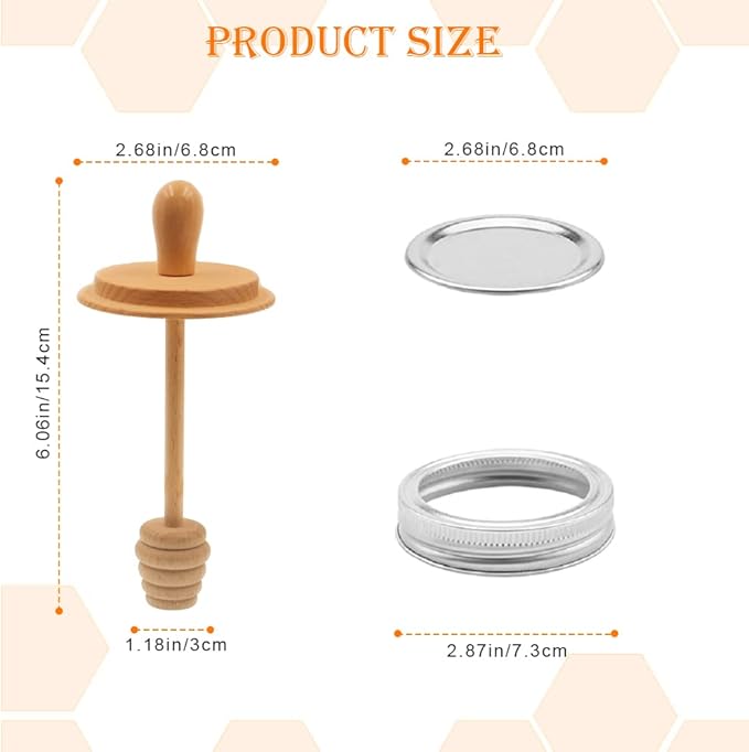 2pcs Wooden Mason Jar Honey Dipper with Lids Set - Honey Dipper Wooden Stick for Regular Mouth Mason Jars, Honey Spoon Honeycomb Lids for Regular Mouth 16 oz Mason, Ball Jars (Jar is not included)