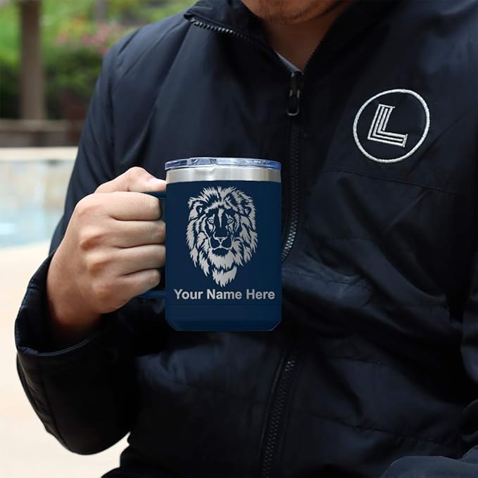LaserGram 15oz Vacuum Insulated Coffee Mug, Tiki Statue, Personalized Engraving Included (Navy Blue)