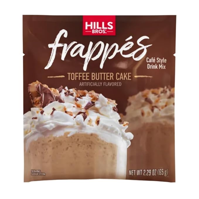 Hills Bros. Frappés Instant Drink Mix – Indulgent Café-Style Beverage – Gluten-Free, Kosher-Certified – Easy to Make Hot or Cold – Premium, Rich Taste, Gourmet Coffee Experience – Toffee Butter Cake, 2.3 oz ( Pack of 12 )