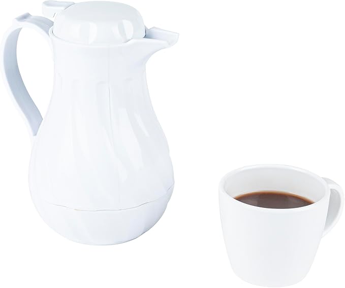 Restaurantware-Restpresso 20 Ounce Coffee Carafe, 1 Insulated Coffee Server - Push-Button Top, Swirl Design, White Plastic Pitcher, Built-In Handle, With Identification Tags