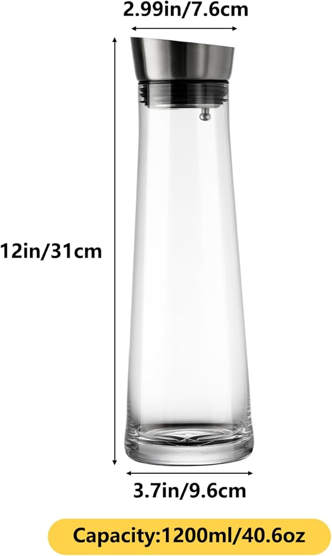 GLASKEY Glass Water Carafe with Lid,1200ml Glass Juice Pitcher with Stainless Steel Gravity Lid,Clear Water Pitcher for Ice Tea, Lemonade, Coffee,Juice Beverage,40 oz