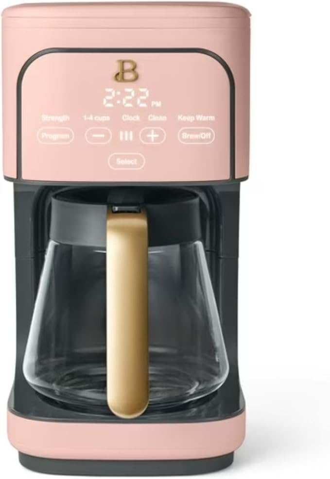 Beautiful 12-Cup Programmable Coffee Maker with Touch-Activated Display, Auto Brew Timer, Reusable Filter & Large Glass Carafe (Rose)